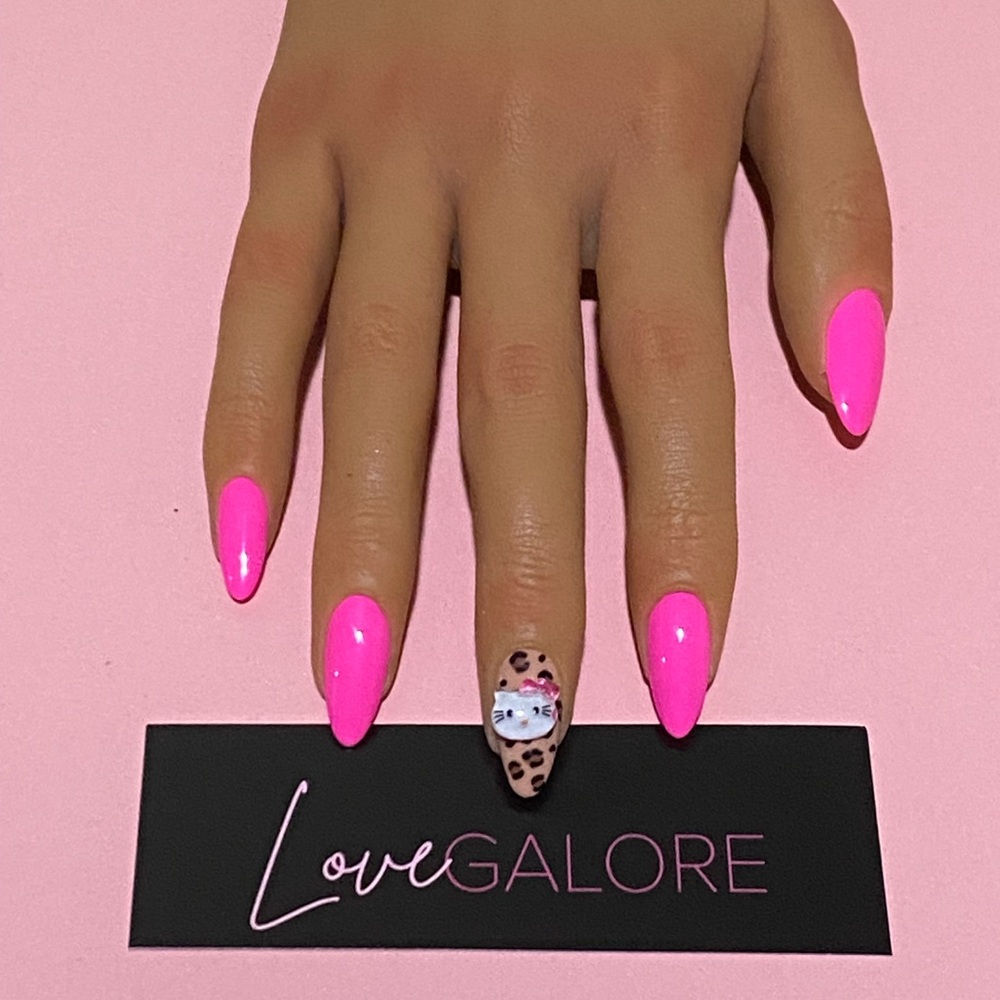 Handcrafted Press on Nails Pink Cheetah Hello Kitty theme Medium Almond